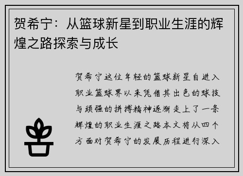 贺希宁：从篮球新星到职业生涯的辉煌之路探索与成长